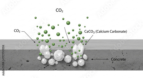 Carbon dioxide reacts with calcium carbonate on concrete surface creating chemical reaction