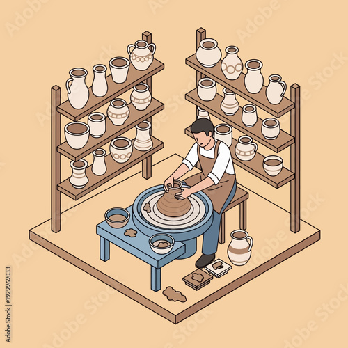 Potter crafting clay pottery on a spinning wheel in a studio.