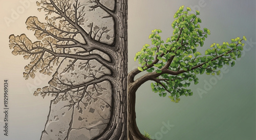 Tree with two sides one dead and one alive symbolizing hope and renewal in nature