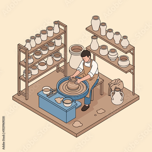 Potter crafting ceramics on a spinning pottery wheel in a workshop.