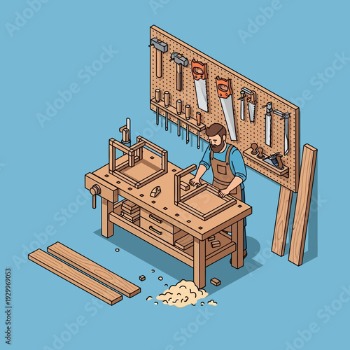 Isometric illustration of a carpenter working at a wooden workbench with various tools.