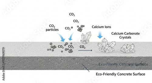 Eco friendly concrete surface with co2 particles and calcium ions forming calcium carbonate crystals for sustainable construction materials