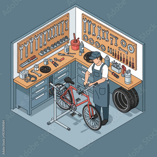 Mechanic repairing bicycle in a well-organized workshop with various tools.