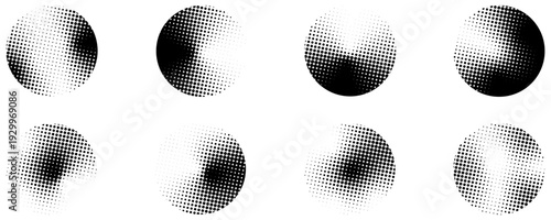 A set of circular halftone graphic elements with uneven density and gradient transitions. Vector illustration for creating dynamic shadows, artistic textures,