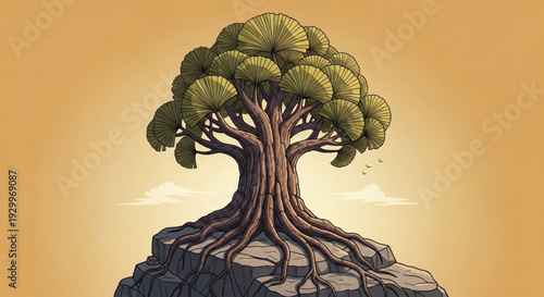 A tree with a thick trunk and roots on a rocky outcrop symbolizing resilience and strength in a serene natural setting with a warm orange
