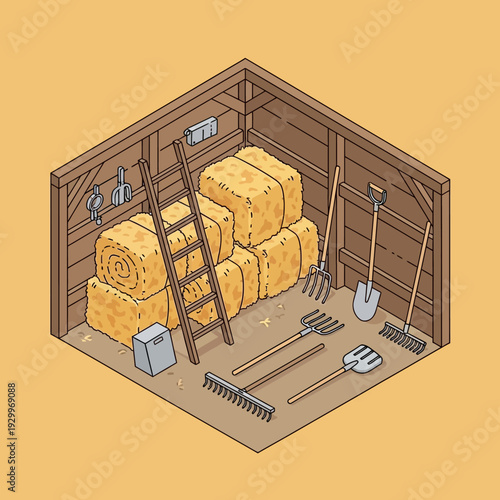 Isometric illustration of a barn with hay bales and farm tools.
