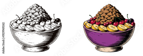 Side-by-side view of bowl contrast featuring pyramid piles of round objects, one monochrome bowl and one color bowl, captured from a top angle