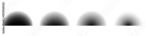 A set of semicircular graphic elements with a halftone dot effect and gradient transition. Vector illustration for creating volumetric shadows and retro effects in design.