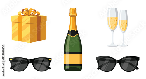 A gold wrapped gift box stands beside a green champagne bottle with two filled glasses and two pairs of black sunglasses on a white surface.