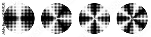 A set of circular graphic elements with a conical gradient and halftone effect. Vector icons resembling propellers or charts.