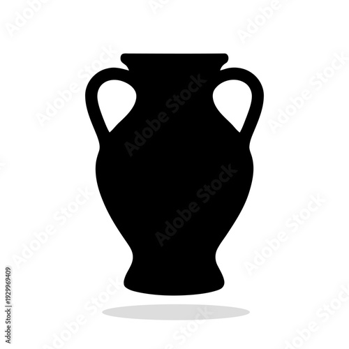 Black silhouette of a classic antique amphora or vase with two handles. Minimalist vector illustration with a soft shadow at the bottom.