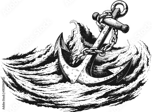Dynamic Black‑White Drawing of an Anchor Battling Waves in Water, Chain Wrapped Around, Viewed from Front Perspective