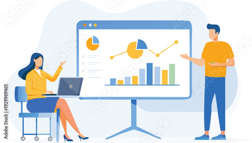 Vector illustration of business people analyzing data on screen