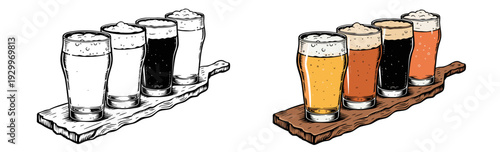 Illustrations of beer glasses on wooden and metal trays, showcasing various brews from different viewpoints with a focus on drinks and beverages