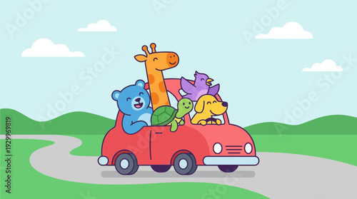 A delightful group of cartoon animals enjoying a fun road trip in a red car