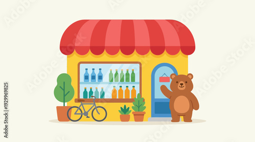 Friendly bear greets customers at a whimsical cartoon shop entrance with a bicycle and potted plants.