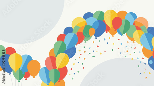 A Vibrant Balloon Arch Adorned with Falling Confetti for Festive Celebrations