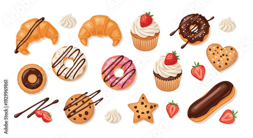 A variety of sweet pastries including donuts cupcakes and cookies are scattered with strawberries on a white background.