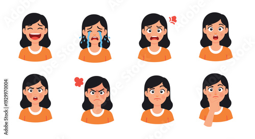Eight cartoon portraits of a woman showing a range of facial expressions from joy to anger are shown in two rows.