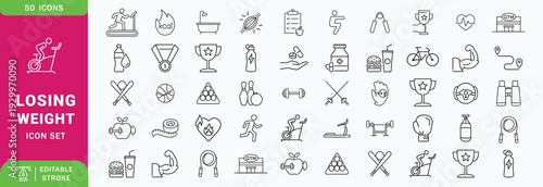 Weight loss icon set. Containing diet, manage weight, calories, healthy eating, cardio, fat burning, meal planning, body measurement and exercise icons. Solid icon collection. Vector illustration