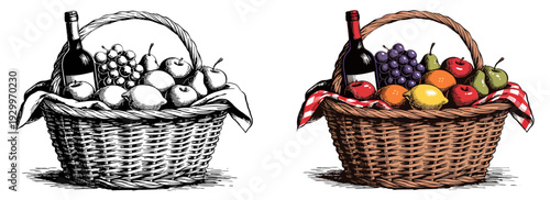 Illustrations of wicker baskets filled with fruit and wine, showcasing abundance from different artistic viewpoints