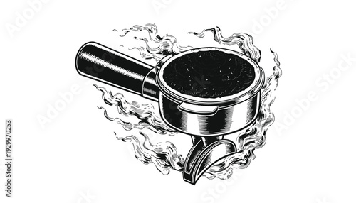 Mysterious metallic cylinder with handle and hook enveloped in rising smoke, captured in a black‑and‑white illustration from a close‑up perspective