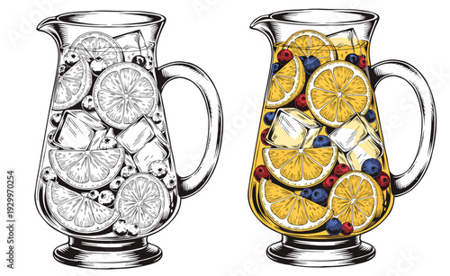 A refreshing pitcher filled with lemon slices and berries, illustrated in a clean and colorful style, viewed from the front