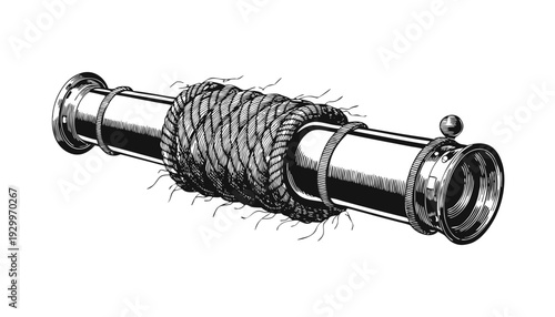 Depicted cylindrical telescope with rope and metal rings, illustrated in diagonal perspective on plain white background, detailed line drawing