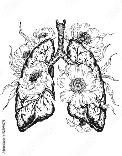 Anatomical illustration of lungs with floral elements, showcasing human anatomy and nature in a detailed black and white drawing from a frontal viewpoint