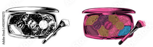 black‑and‑white version beside vivid color version, centered on white background, frontal view