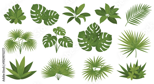 Twelve stylized green tropical leaf and plant cluster illustrations sit against a solid white background.