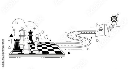Chessboard with pieces leading to a winding road and target.