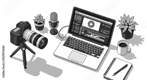 Creative workspace with camera laptop microphone and plants for content creation.