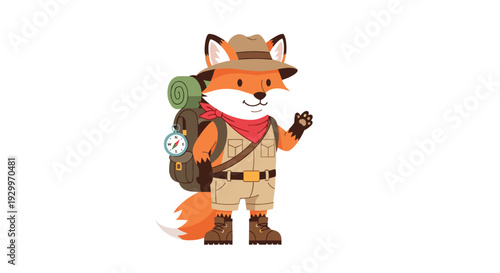 A cute cartoon fox dressed in explorer gear waves while wearing a large backpack with a compass on a white background.