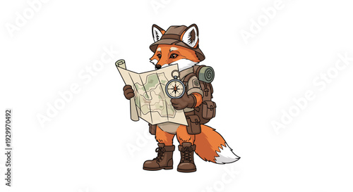 An illustrated fox character wearing a brown explorer hat and gloves studies a paper map while carrying a survival backpack.