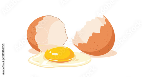 A cracked brown chicken egg with a golden yellow yolk and clear white liquid is shown with two shell halves.