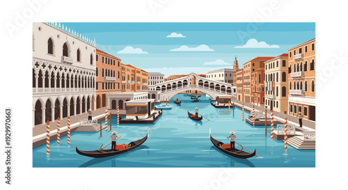 A detailed flat illustration of the Venice Grand Canal features the Rialto Bridge and gondolas navigating the turquoise water by buildings.