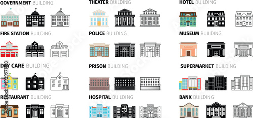 Collection of 12 public and commercial building icons including hospitals, banks, and theaters, shown in colorful, solid, and outlined vector styles.