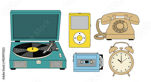 A collection of vintage electronic devices including a record player rotary phone and alarm clock sits on a white background.