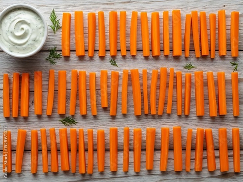 Organized fresh carrot sticks with creamy dip for healthy snacking