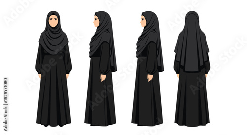 A character sheet illustration featuring four different views of a woman wearing a traditional black abaya and hijab against a plain white background.