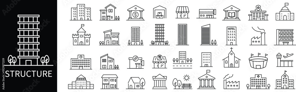 Obraz premium Extensive grid of 36 minimalist building and structure icons in clean line art, featuring diverse architectural designs from residential houses to industrial facilities and modern skyscrapers.
