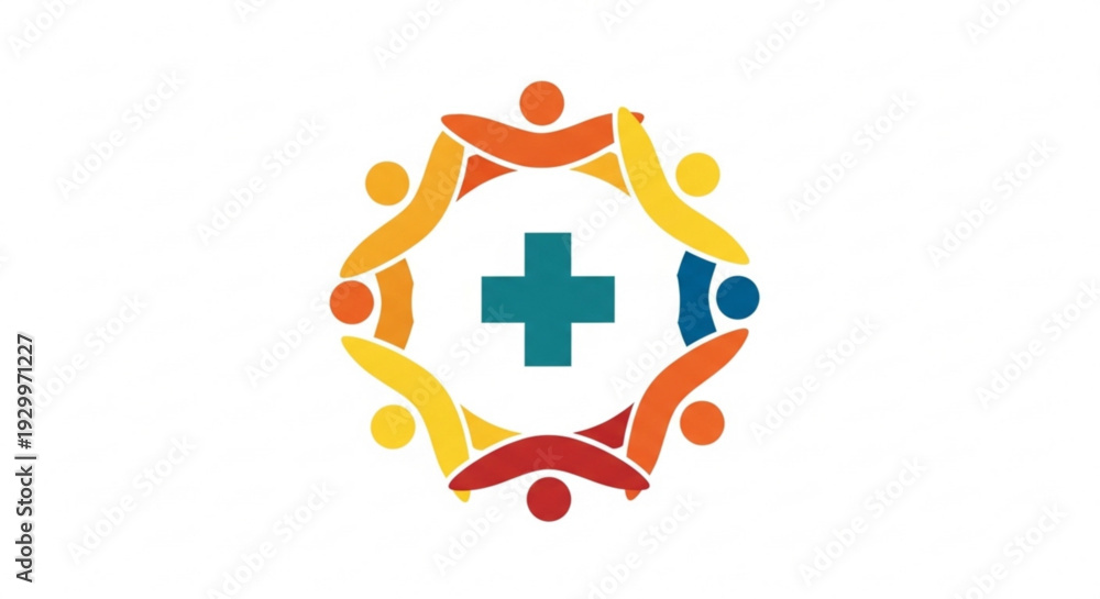 Fototapeta premium Diverse people forming a circle around a medical cross symbol teamwork and healthcare concept