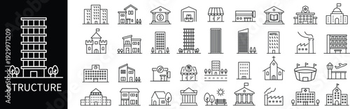 Extensive grid of 36 minimalist building and structure icons in clean line art, featuring diverse architectural designs from residential houses to industrial facilities and modern skyscrapers.