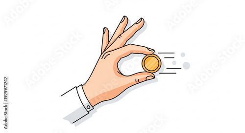 Hand flipping a coin in the air with motion lines symbolizing chance luck and decision making in a business or financial context