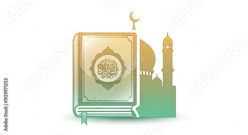 Islamic book with mosque background quran and crescent moon symbol religious concept graphic