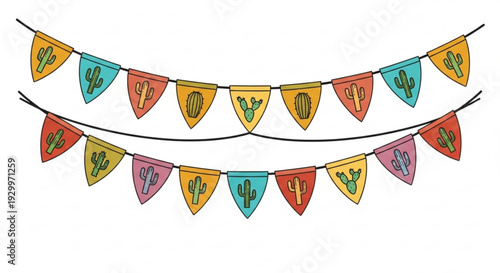 Vibrant cactus flags banner on strings festive decoration for party or celebration with colorful triangular pennants