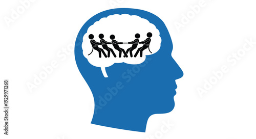 A conceptual graphic illustration of a blue human head silhouette with a white brain containing five black figures engaged in a tug of war game.