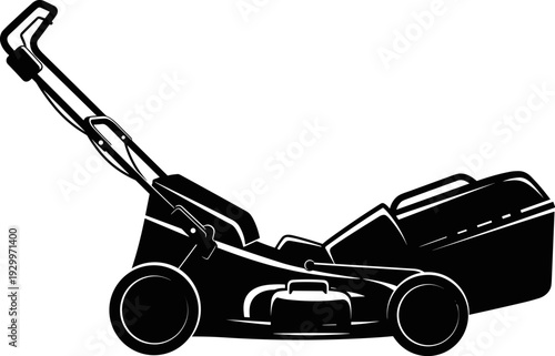 Lawn mower silhouette vector illustration, push grass cutting machine in black flat style for gardening, landscaping, yard maintenance service graphics