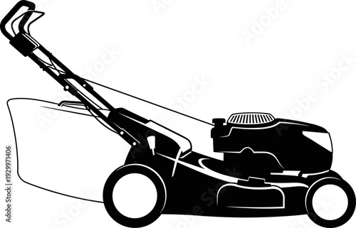 Lawn mower silhouette with grass catcher, modern gardening equipment concept, black isolated vector illustration for landscaping, yard maintenance, and outdoor service designs